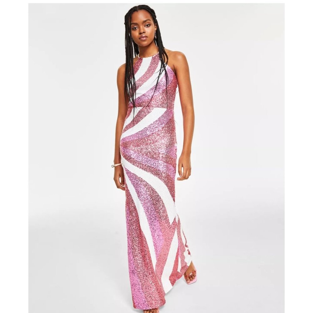 B Darlin Juniors' Halter Multi-Sequin Slim Gown Size 3/4 Prom Formal